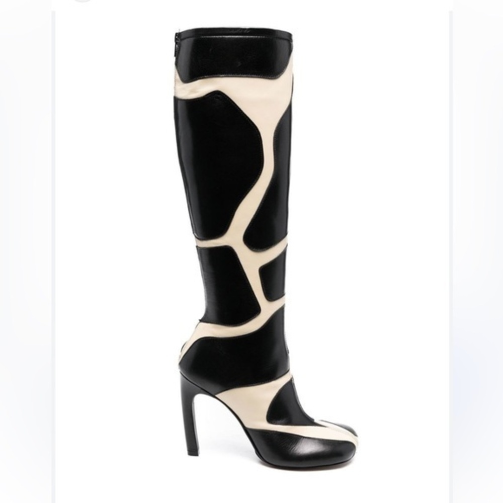 Black and Cream Faux Leather Knee High Calf Print Boots, Never Worn, sz 43